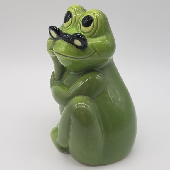Noritake for Gift Craft MCM 1970s Ceramic Green Frog with Glasses Coin Bank - Picture 7 of 8